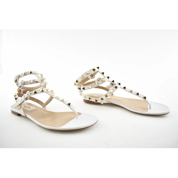 Valentino Rockstud White Leather Triple Ankle Strap Gladiator Flat Sandal 35.5 - Picture 4 of 12